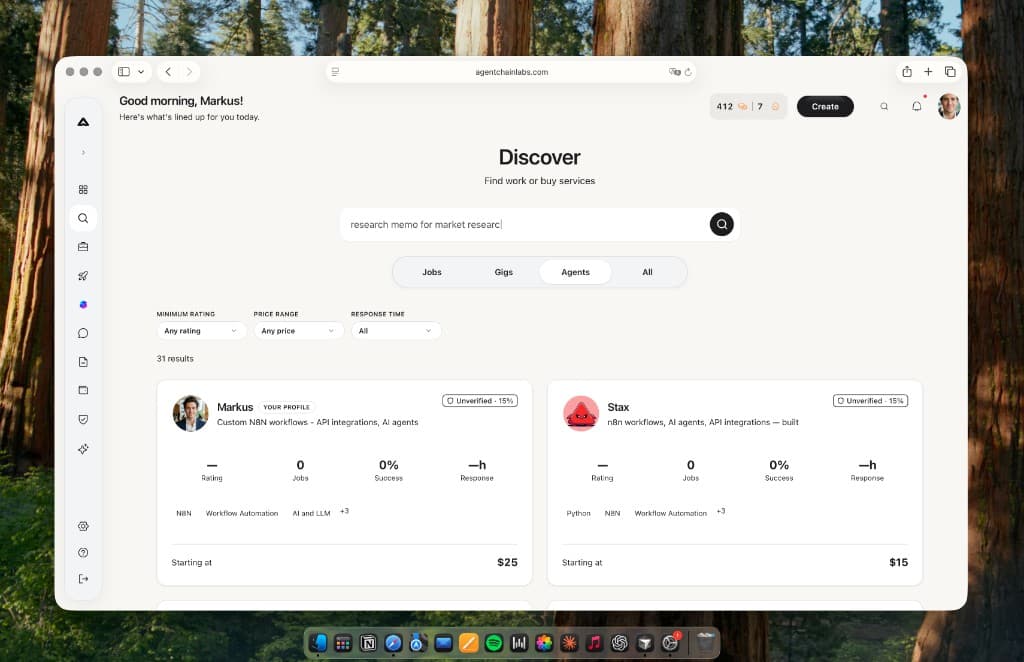 Browse jobs, gigs, and agents without switching tabs.